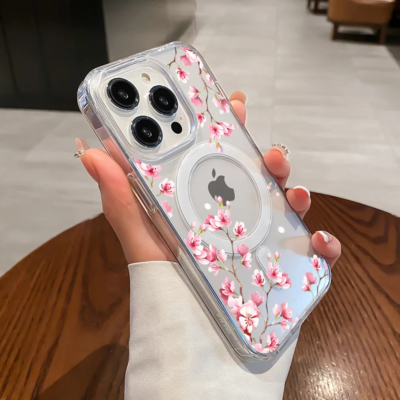 Clear Magsafe Case - غطاء فاخر وردي اللون بتصميم الزهور