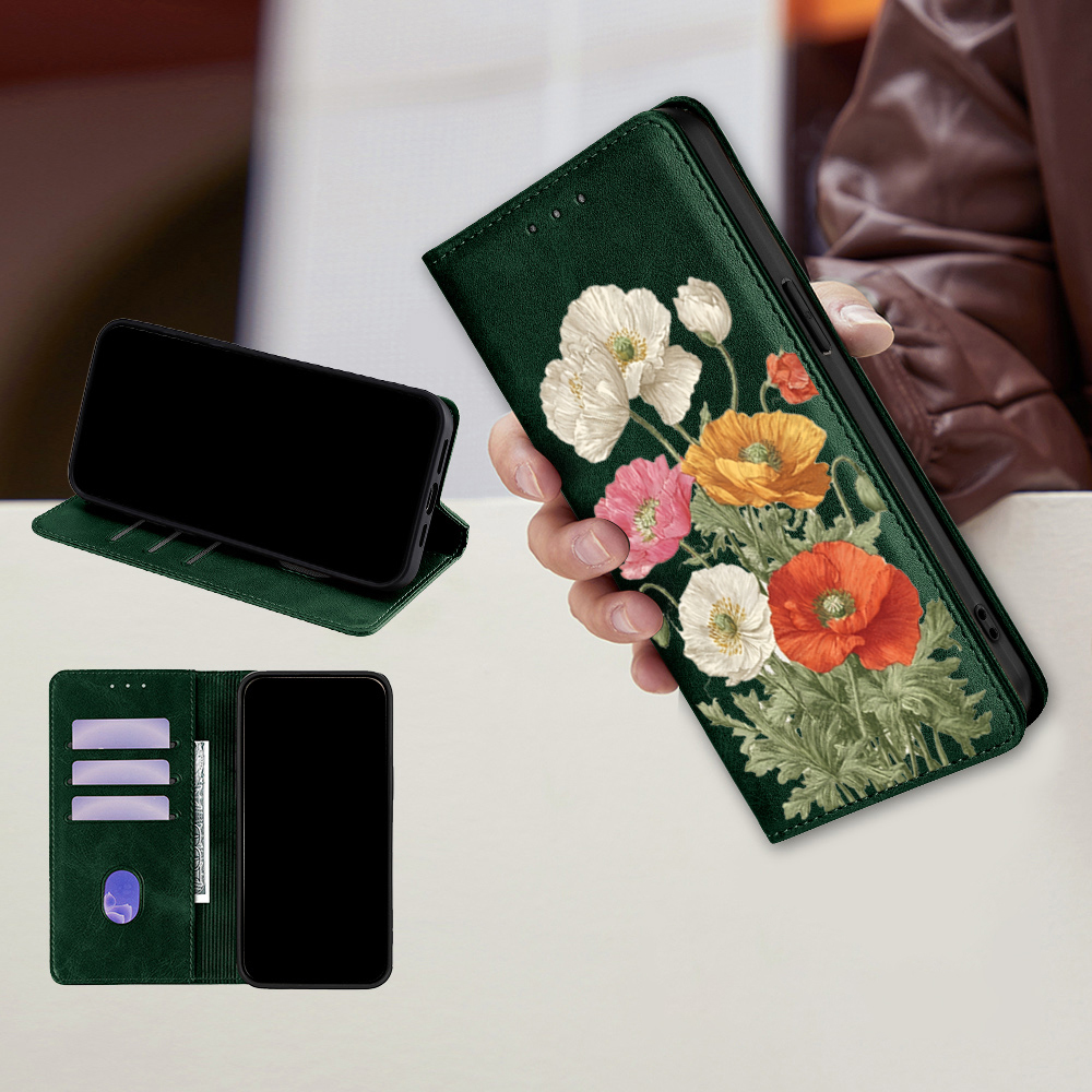 Flip Leather Case - حافظة محفظة جلدية مغناطيسية بنمط زهري